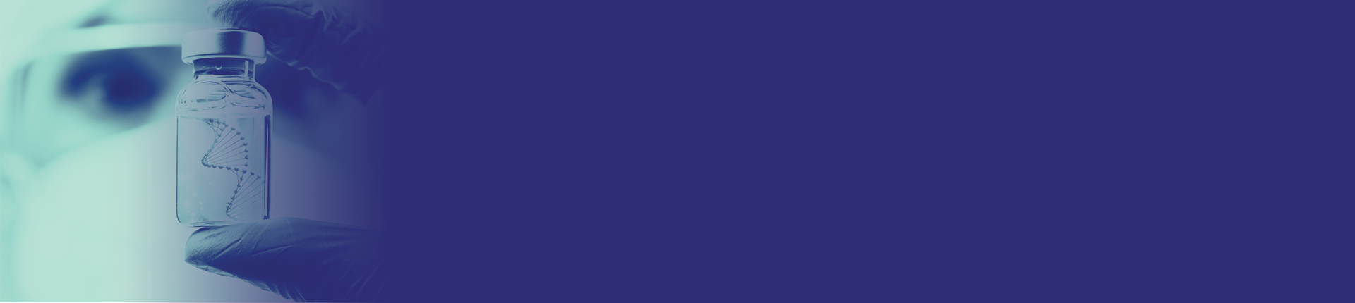 Blue washed banner of scientist looking into glass jar