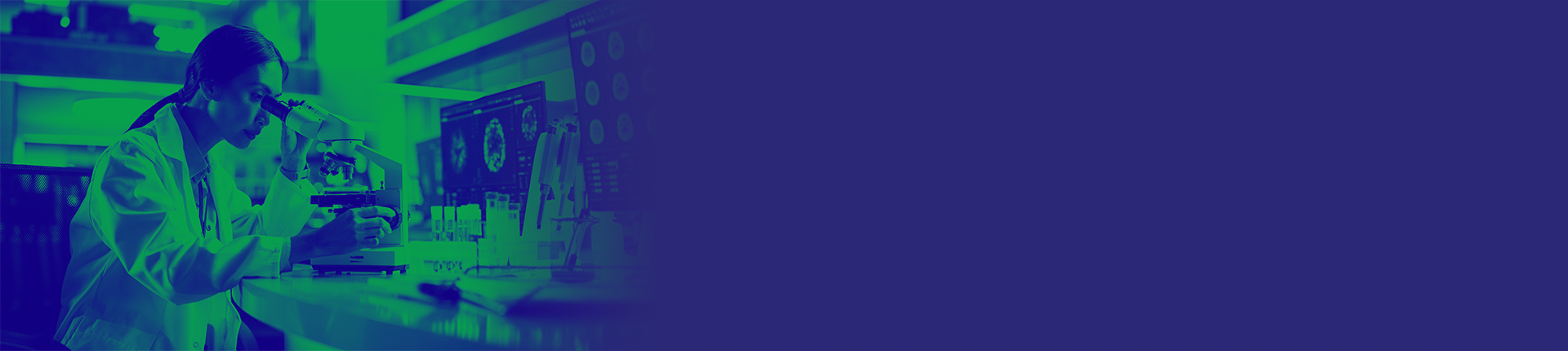 Blue and green washed image of female looking into microscope