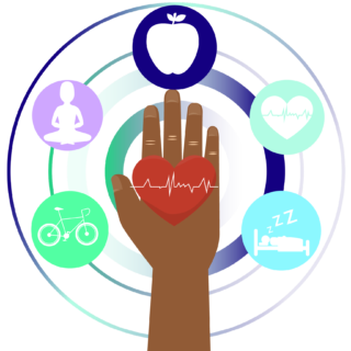 Cartoon hand with icons around it