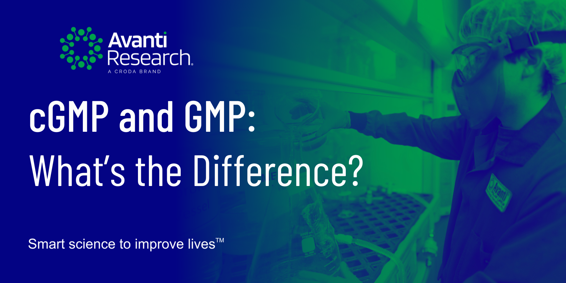 Green and blue washed image of male in lab with text overlaid