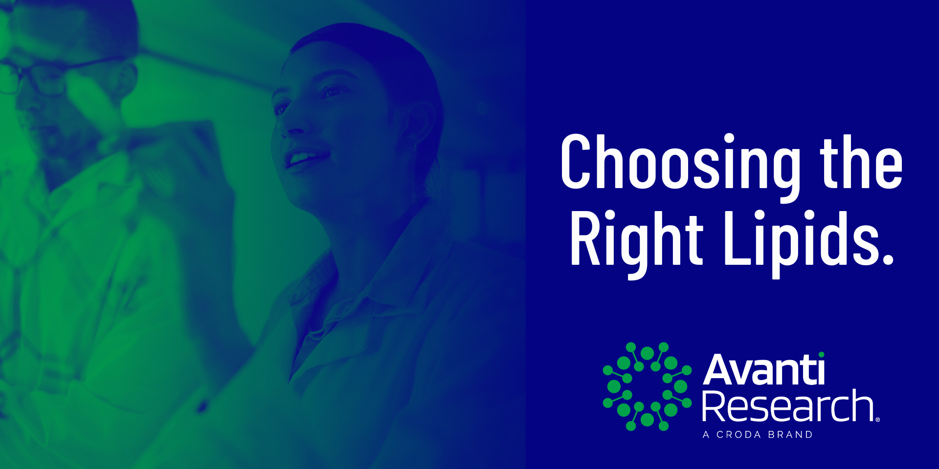 Blue and green washed image of male and female scientist with text overlaid