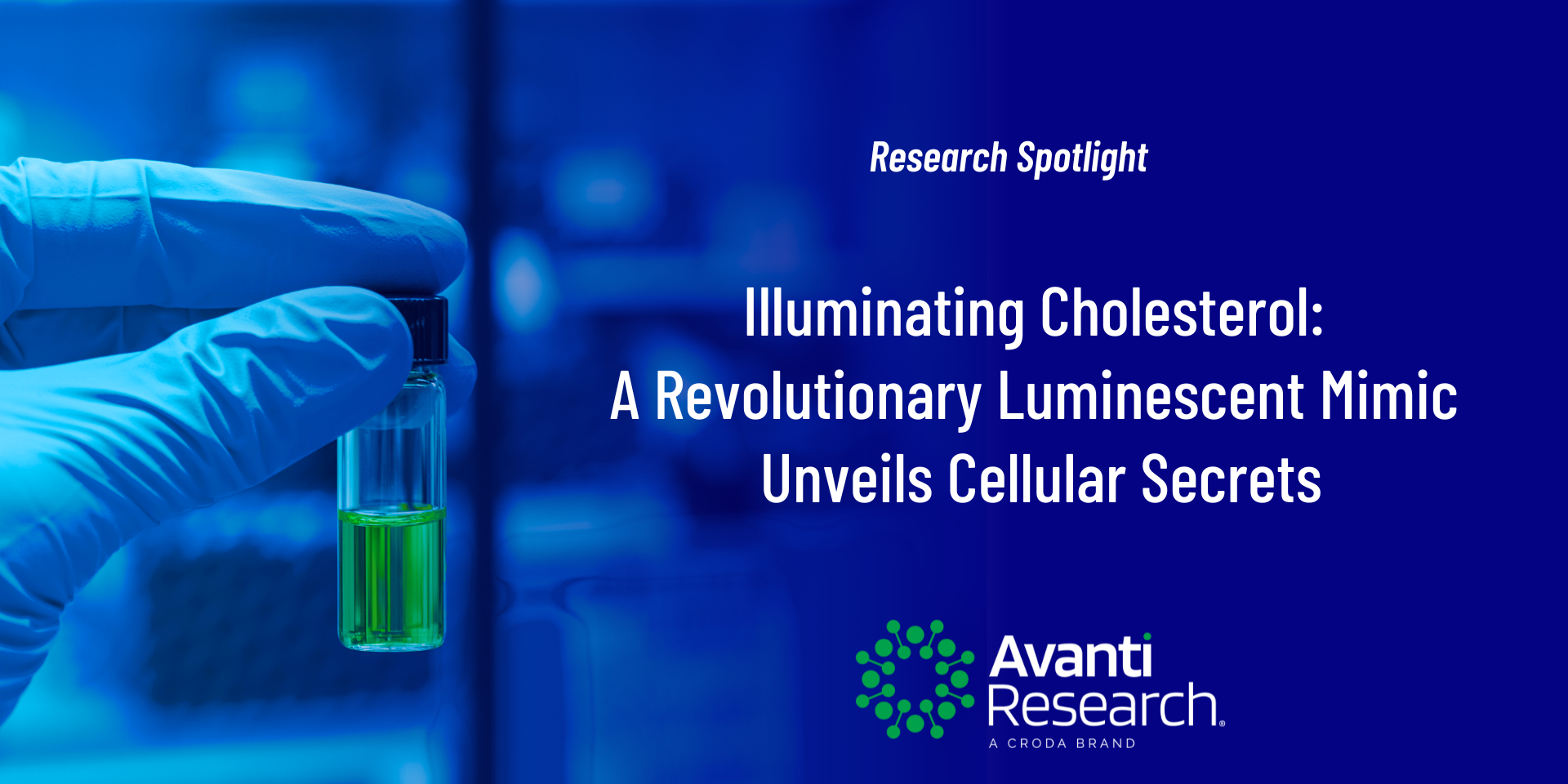 blue and green washed image of glove with vial and text overlaid