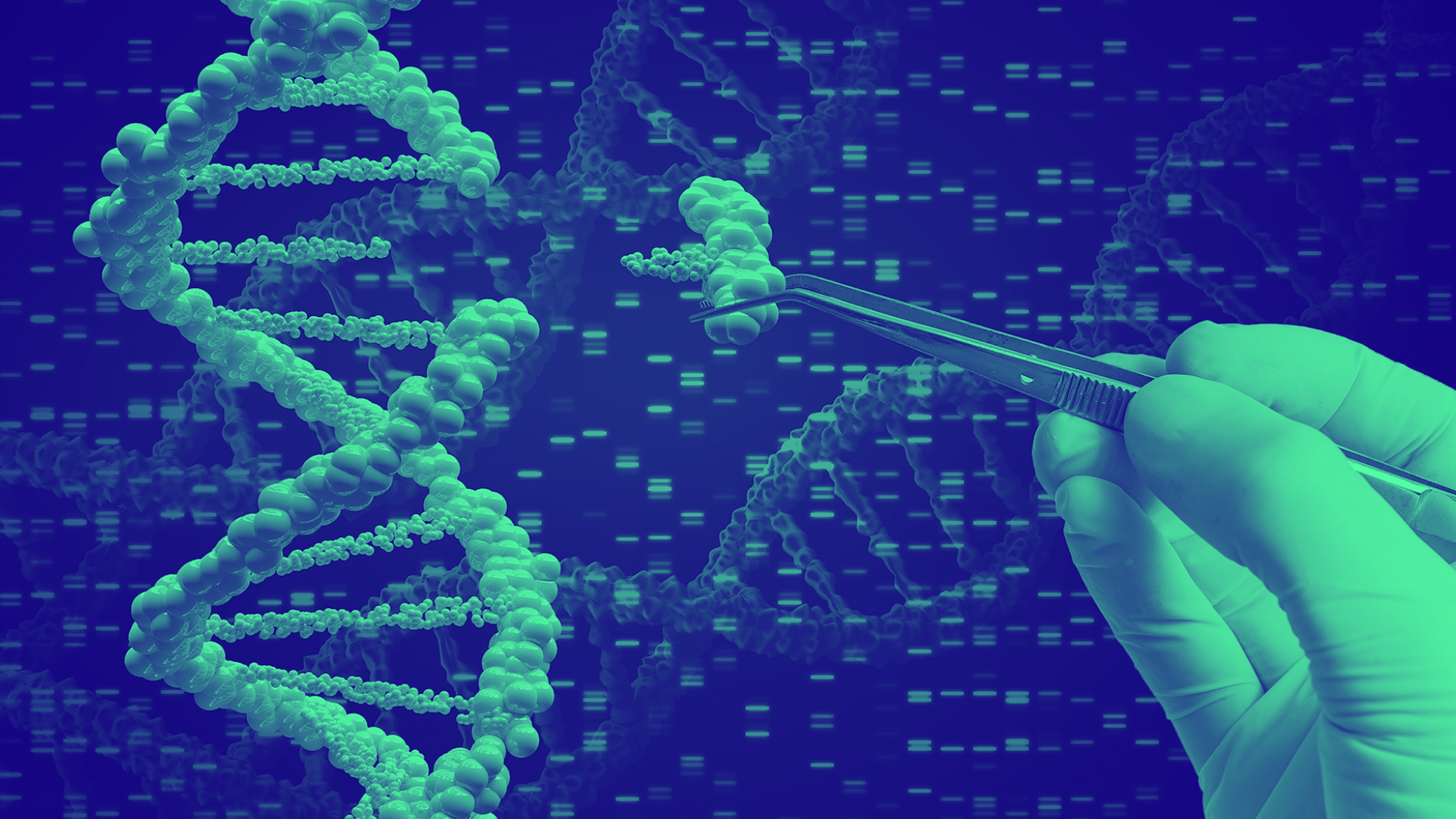 green and blue washed image of gene with glove