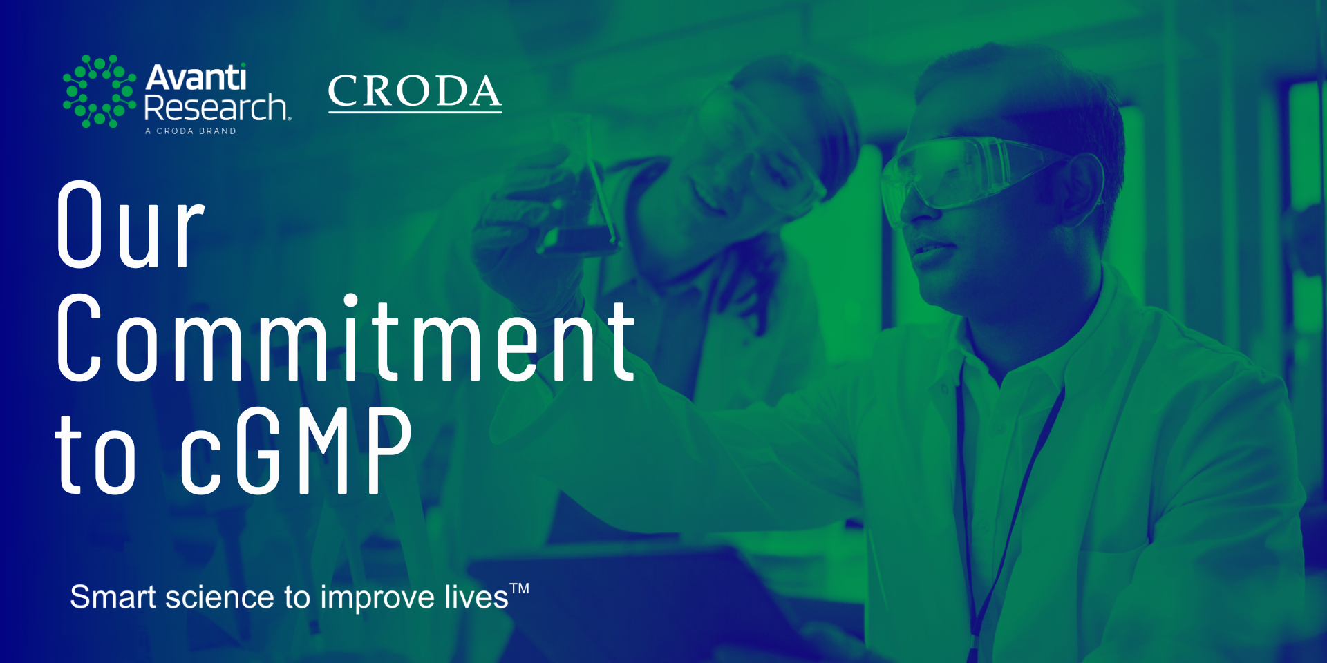 Blue and green washed image with text overlaid - our commitment to GMP