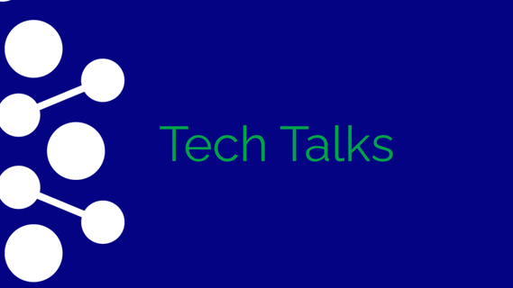 Blue washed background with tech talks in text overlaid