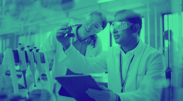 Green and blue washed image of male and female in lab