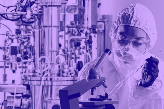 purple washed image of female in lab