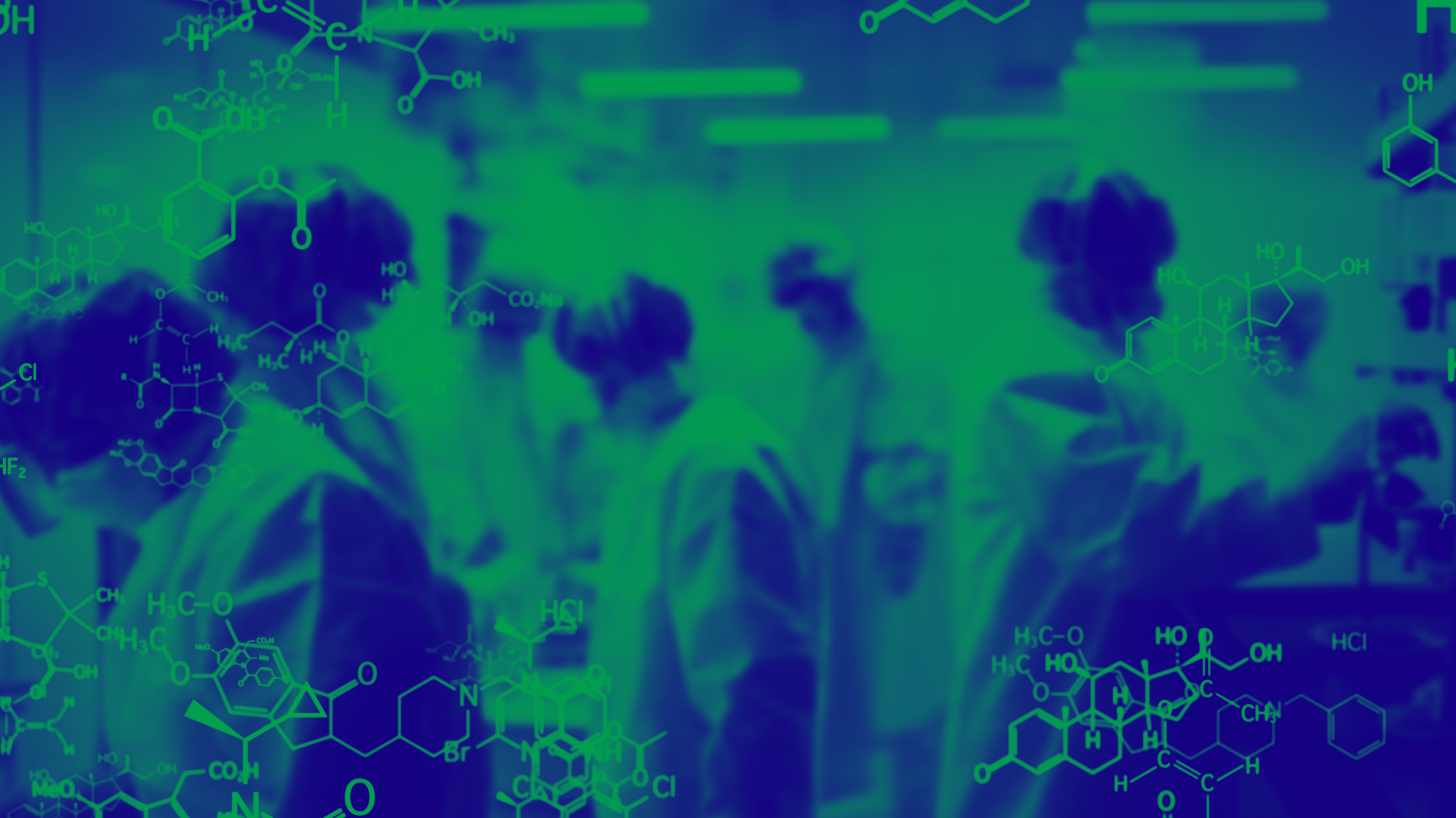 Green and blue washed image of people in lab with chem draw structures overlaid