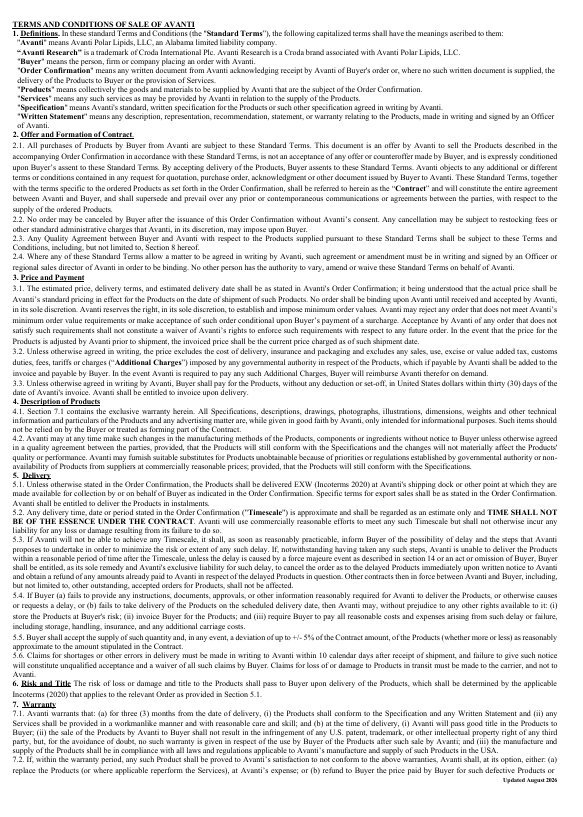 Cover page of avanti product ts and cs