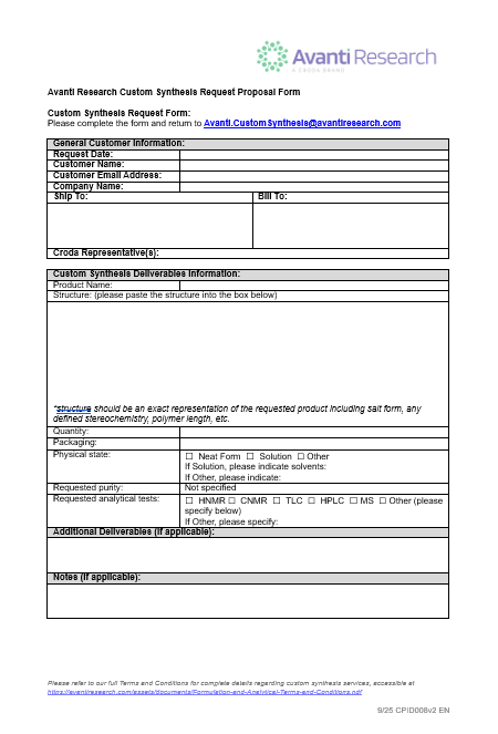 Custom Synthesis Request Form from Avanti Research