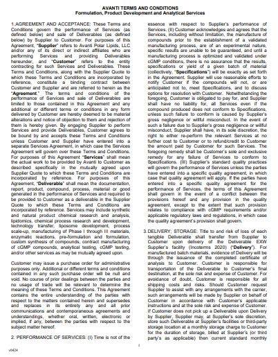 Cover of Formulation and Analytical terms and conditions from Avanti
