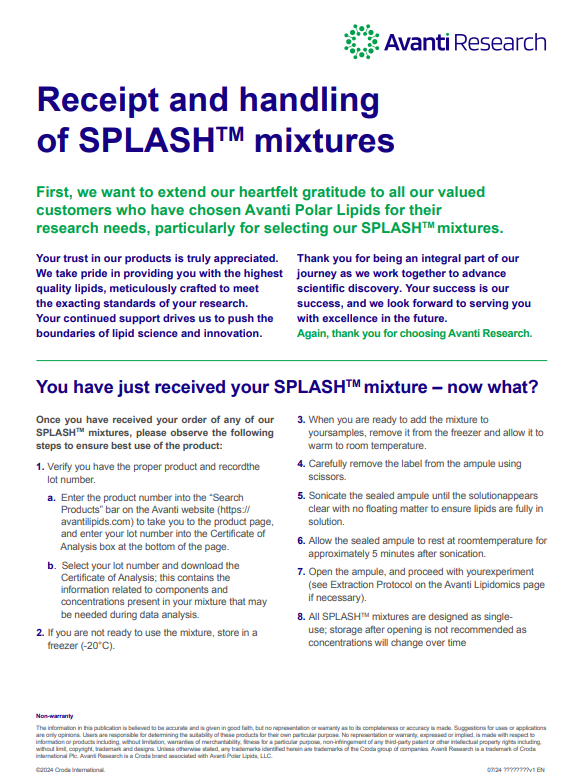 Cover of Handling SPLASH mixtures flyer from Avanti Research