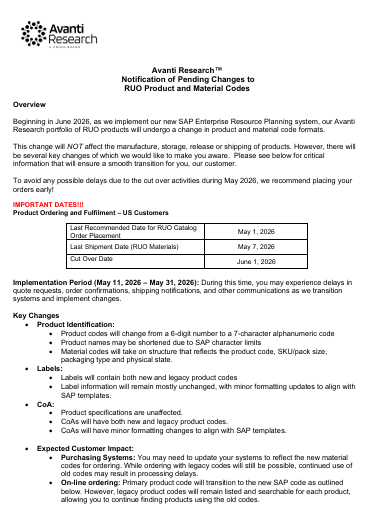 Notification of Changes from Avanti Research