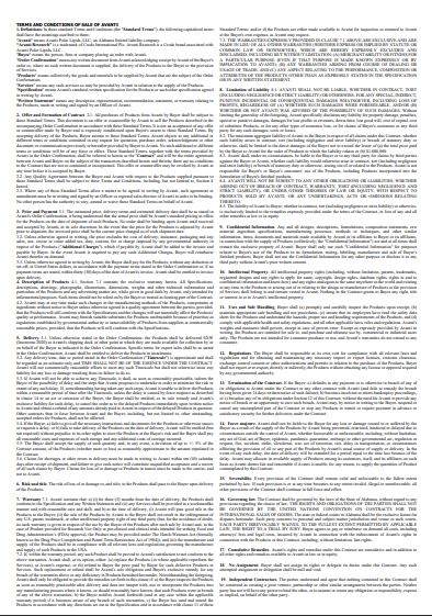 Cover of the standard sales terms and conditions from avanti research